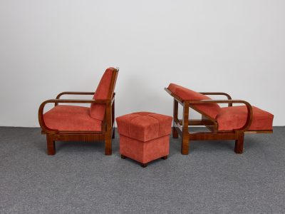 Vágó Pál, Art Deco, fekete-dió furnérozott fotelek és lábtartó, 1930-as évek, Magyarország