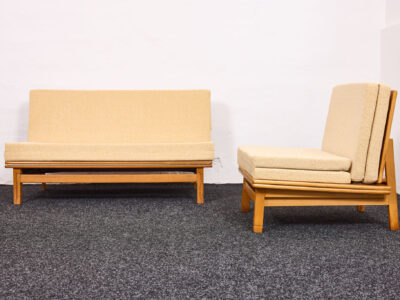 Mid-Century, kivételesen ritka, multifunkcionális vintage lounge ülőgarnitúra – Bükkfa & bukélé szövet | Magyarország, 1966